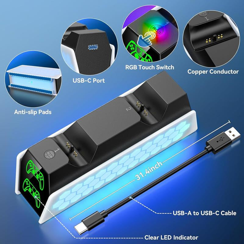 PS5 Controller Charger Station Compatible with Dualsense & Edge Controllers, PS5 Charging Station with RGB Light & LED Indicator
