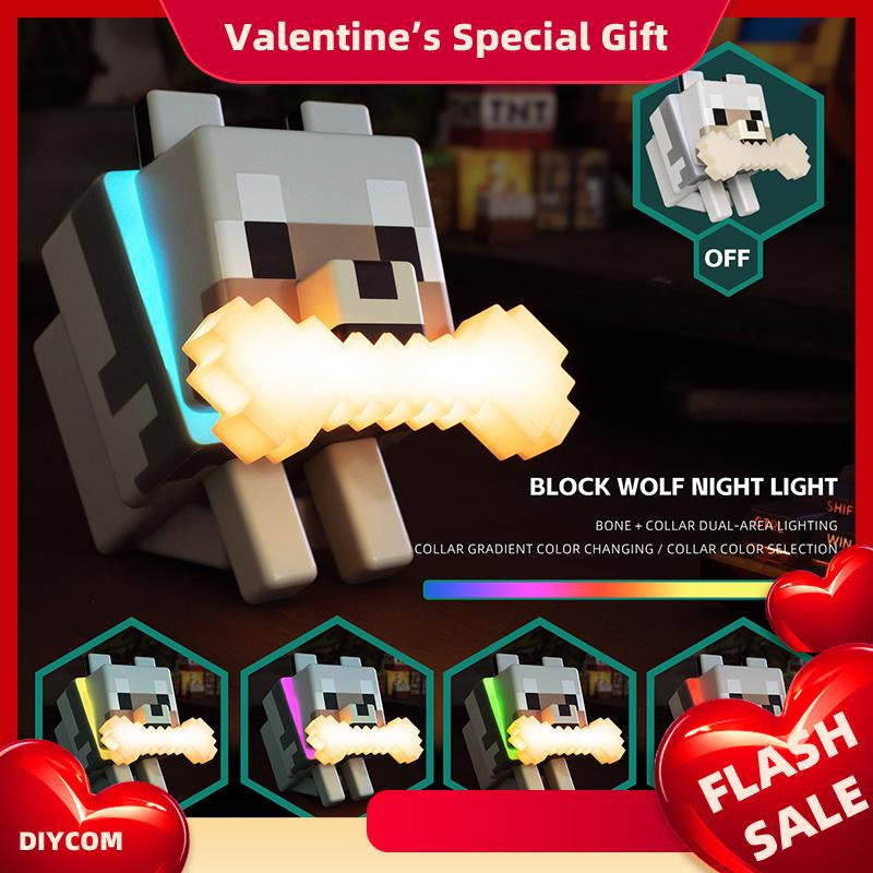DIYCOM Pixel Wolf LED Night Light Game Style Wolf Lamp with Glowing Bone & RGB Collar 3D Printed Handmade Room Decor Gift for New Year & Valentine'S Day