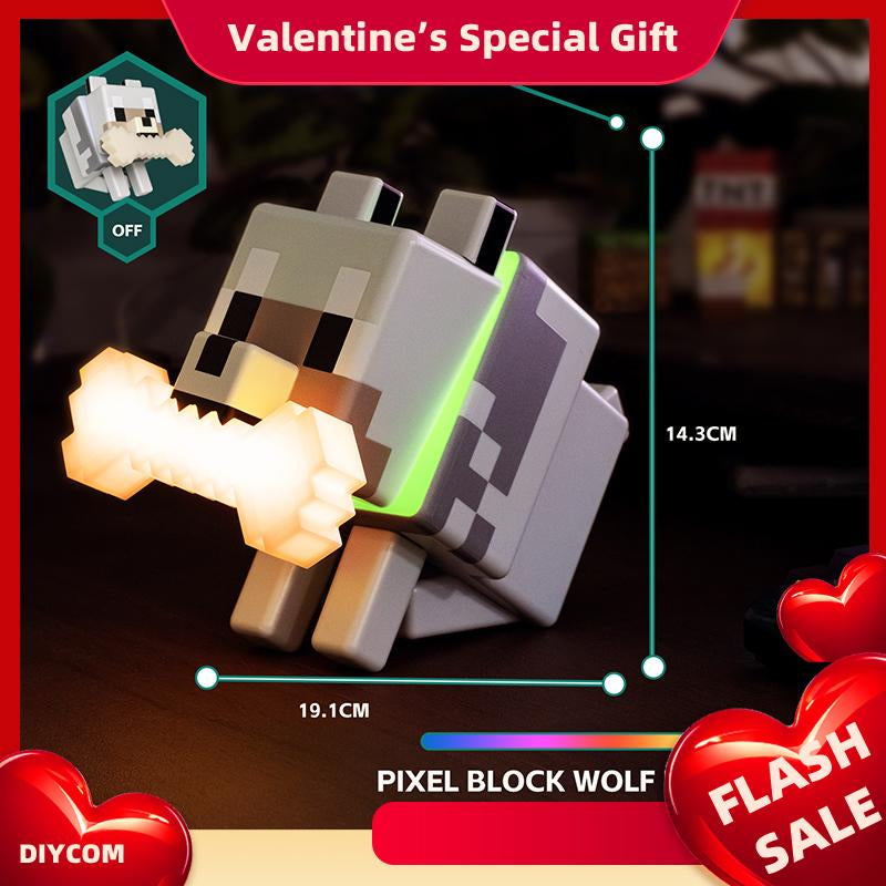 DIYCOM Pixel Wolf LED Night Light Game Style Wolf Lamp with Glowing Bone & RGB Collar 3D Printed Handmade Room Decor Gift for New Year & Valentine'S Day