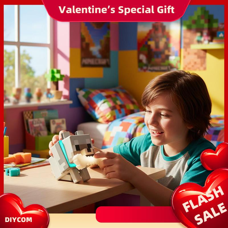 DIYCOM Pixel Wolf LED Night Light Game Style Wolf Lamp with Glowing Bone & RGB Collar 3D Printed Handmade Room Decor Gift for New Year & Valentine'S Day