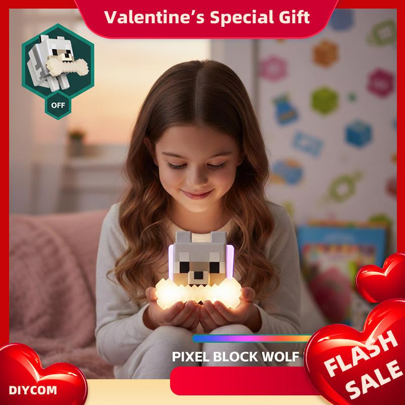 DIYCOM Pixel Wolf LED Night Light Game Style Wolf Lamp with Glowing Bone & RGB Collar 3D Printed Handmade Room Decor Gift for New Year & Valentine'S Day