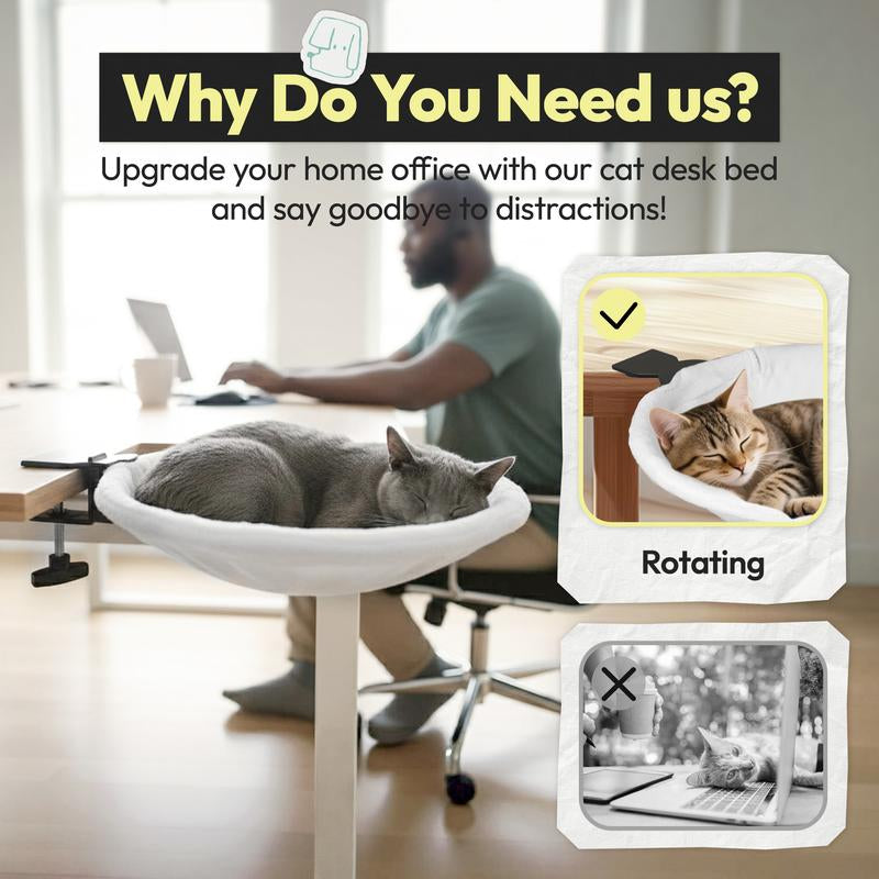 Cat Desk Hammock Bed – Rotating Cat Bed for Desk or Table, Upgraded Clamp with Sponge Pad, Holds up to 50LBS, Soft & Sturdy Cat Nest for Indoor Cats