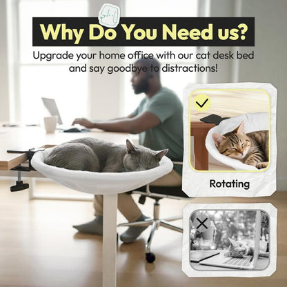 Cat Desk Hammock Bed – Rotating Cat Bed for Desk or Table, Upgraded Clamp with Sponge Pad, Holds up to 50LBS, Soft & Sturdy Cat Nest for Indoor Cats