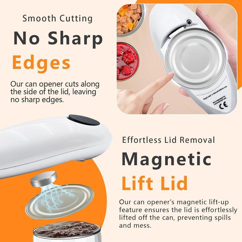 One Touch Electric Can Opener Fits Almost All Can Sizes for Seniors with Arthritis, Hand Held Battery Operated Can Opener with Smooth Edge, Food Safe Kitchen Gadgets Automatic Can Opener for Kitchen（White）