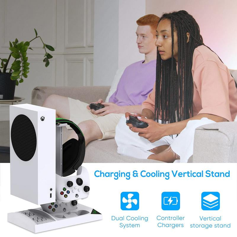 MENEEA Charger Stand for Xbox Series S with Cooling Fan,Meneea Vertical Charging Dock Station Accessories for Xbox Series S with 2 X 1400Mah Rechargeable Battery & Cover & Earphone Bracket Console Smartphone