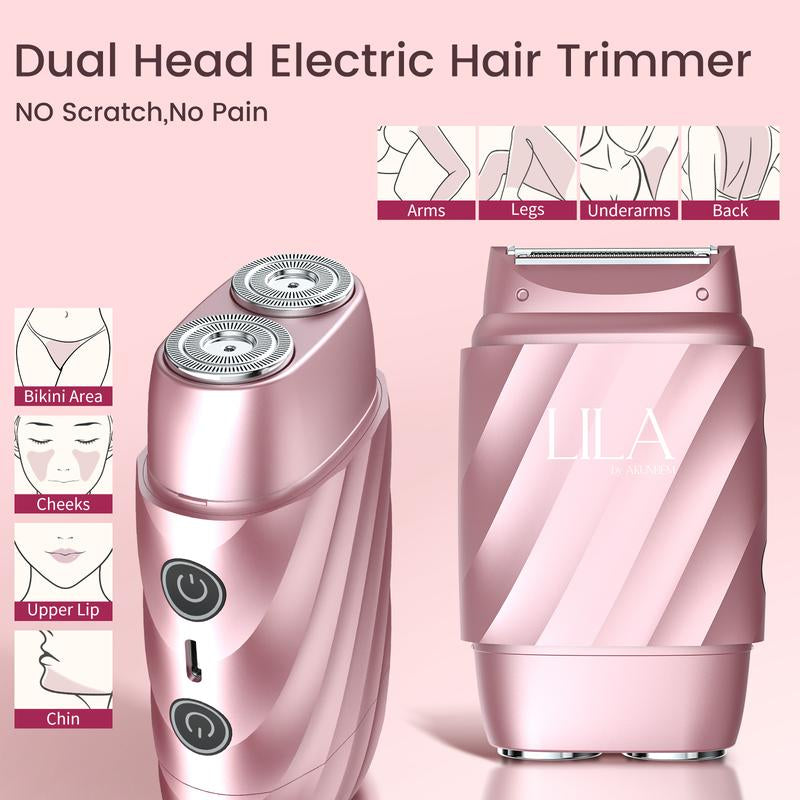 LILA Dual-Head Mini Electric Beard Shaver – Waterproof Rechargeable 2-In-1 Razor, Portable Full Body and Facial Epilator for Painless Trimming of Pubic Hair, Face, Underarms and Legs – 2025 New Shaver