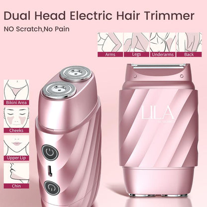 LILA Dual-Head Mini Electric Beard Shaver – Waterproof Rechargeable 2-In-1 Razor, Portable Full Body and Facial Epilator for Painless Trimming of Pubic Hair, Face, Underarms and Legs – 2025 New Shaver