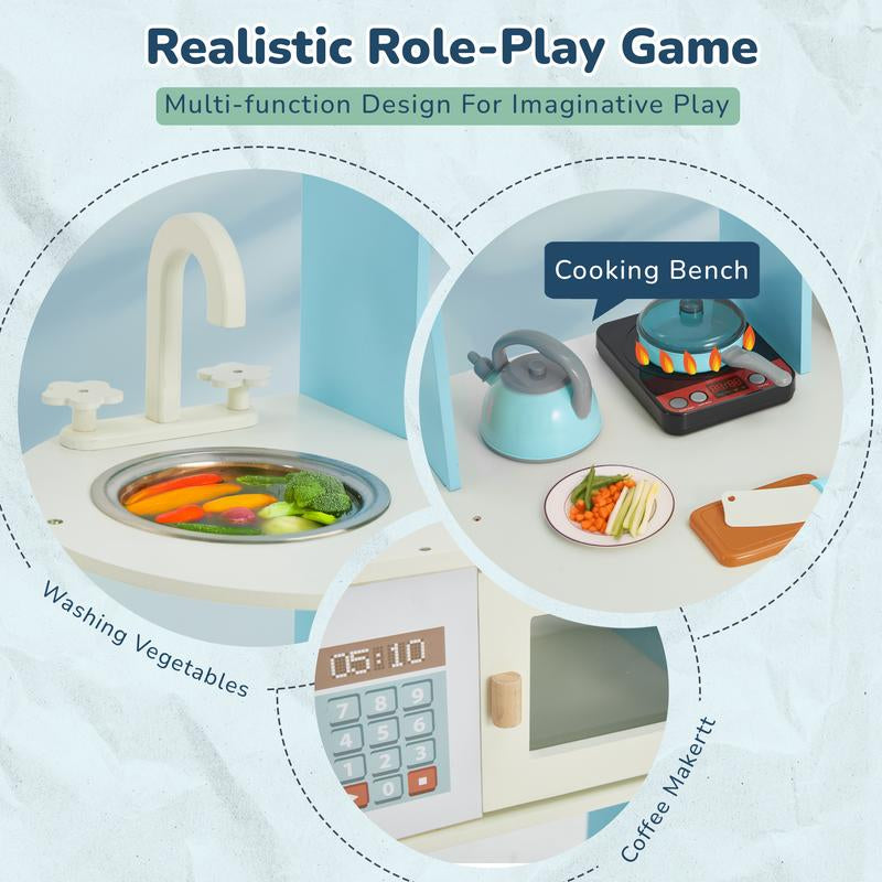 EROMMY Kids Play Kitchen Set, Kids Cooking Pretend Play Set, Kitchen Playset for Kids, Playset Interactive Toy, Blue&Pink Childhood