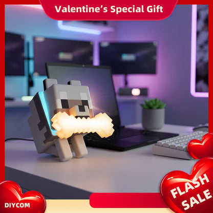 DIYCOM Pixel Wolf LED Night Light Game Style Wolf Lamp with Glowing Bone & RGB Collar 3D Printed Handmade Room Decor Gift for New Year & Valentine'S Day