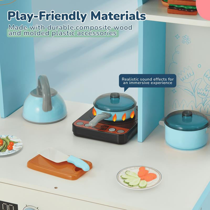 EROMMY Kids Play Kitchen Set, Kids Cooking Pretend Play Set, Kitchen Playset for Kids, Playset Interactive Toy, Blue&Pink Childhood