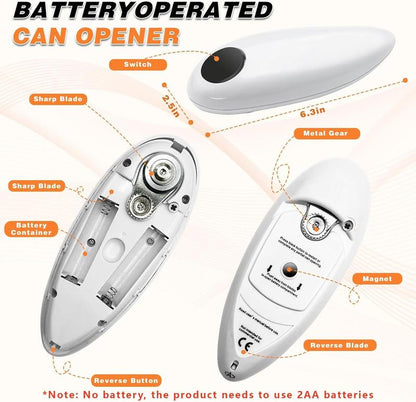 One Touch Electric Can Opener Fits Almost All Can Sizes for Seniors with Arthritis, Hand Held Battery Operated Can Opener with Smooth Edge, Food Safe Kitchen Gadgets Automatic Can Opener for Kitchen（White）