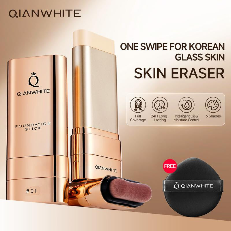 QIANWHITE Luminous Dual-Ended Concealer Foundation Stick – Built-In Brushes, Complimentary Puff, 24H Long-Lasting Waterproof Sweatproof, One-Swipe Even Flawless Base