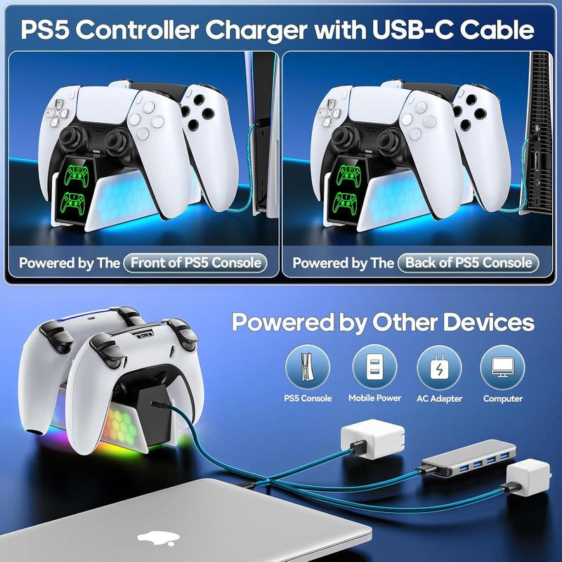 PS5 Controller Charger Station Compatible with Dualsense & Edge Controllers, PS5 Charging Station with RGB Light & LED Indicator