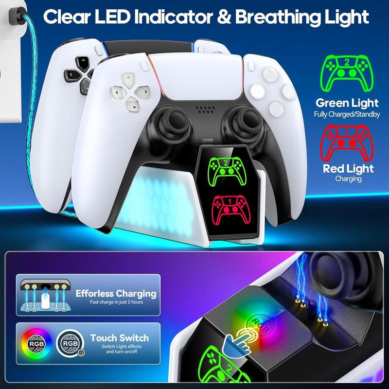 PS5 Controller Charger Station Compatible with Dualsense & Edge Controllers, PS5 Charging Station with RGB Light & LED Indicator