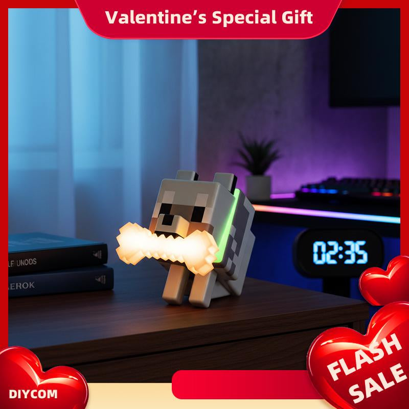 DIYCOM Pixel Wolf LED Night Light Game Style Wolf Lamp with Glowing Bone & RGB Collar 3D Printed Handmade Room Decor Gift for New Year & Valentine'S Day