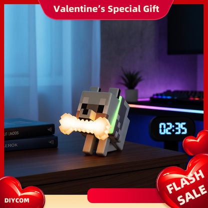 DIYCOM Pixel Wolf LED Night Light Game Style Wolf Lamp with Glowing Bone & RGB Collar 3D Printed Handmade Room Decor Gift for New Year & Valentine'S Day