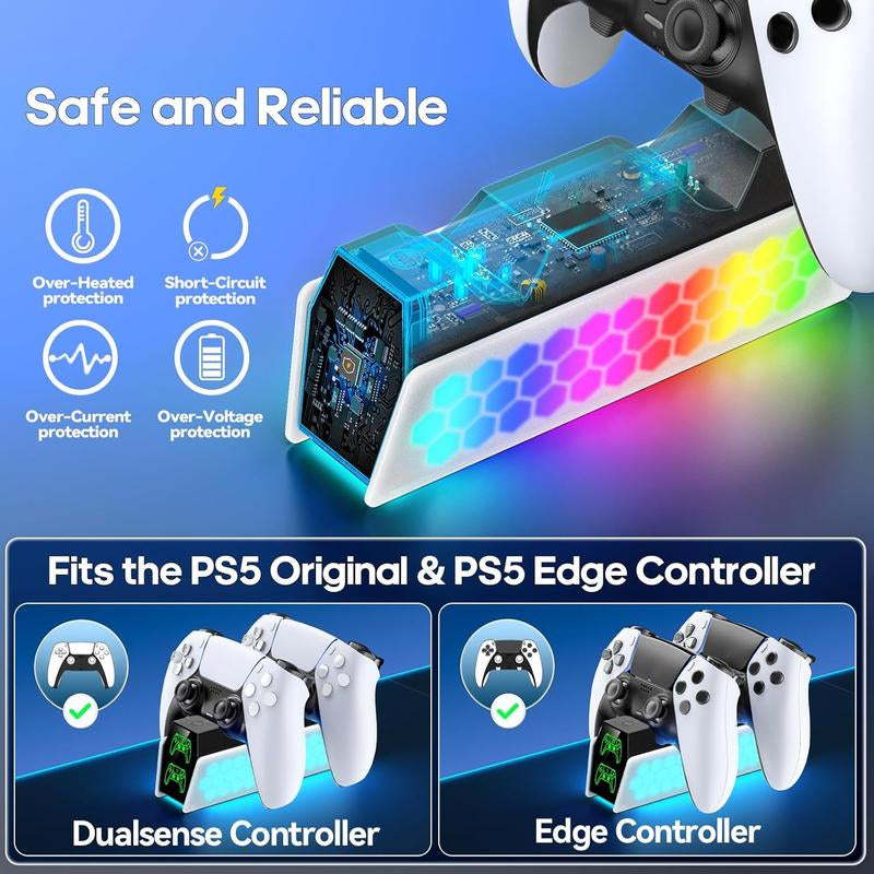PS5 Controller Charger Station Compatible with Dualsense & Edge Controllers, PS5 Charging Station with RGB Light & LED Indicator