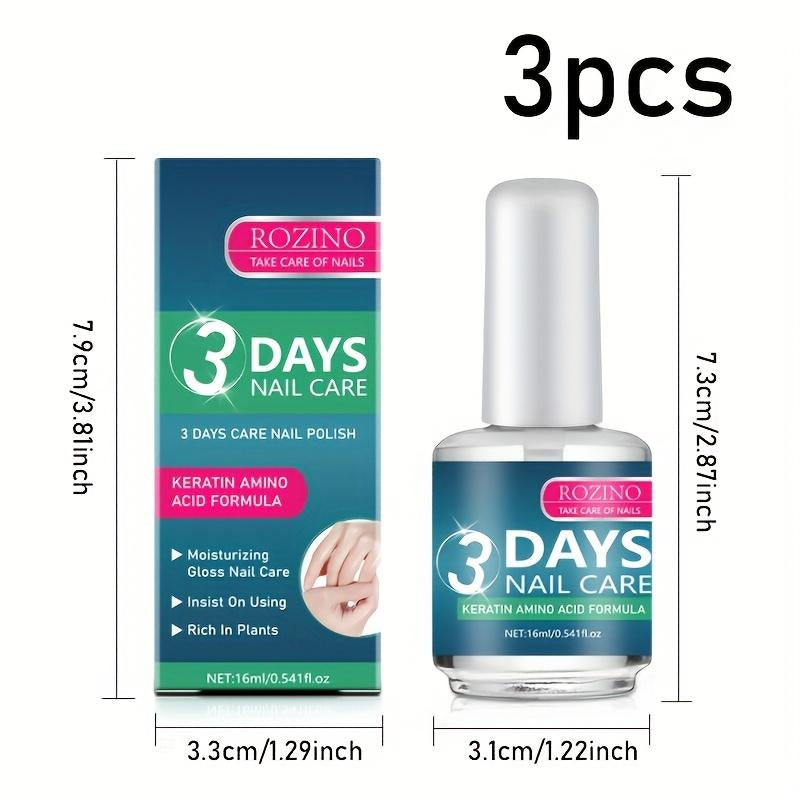 【Buy One, Get Two Free】Rozino 3 Days Nail Care Formula with Keratin Amino Acid & Aloe for Superior Nail Nourishment 16Ml Bottle for Healthy Nails Manicure