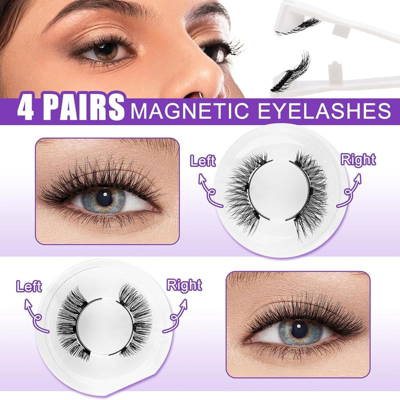 4 Pairs Magnetic Eyelashes Natural Look Kit False Eyelashes No Glue Needed - Reusable False Eyelashes Soft Magnetic Eyelashes Easy to Wear and Remove Use at Home