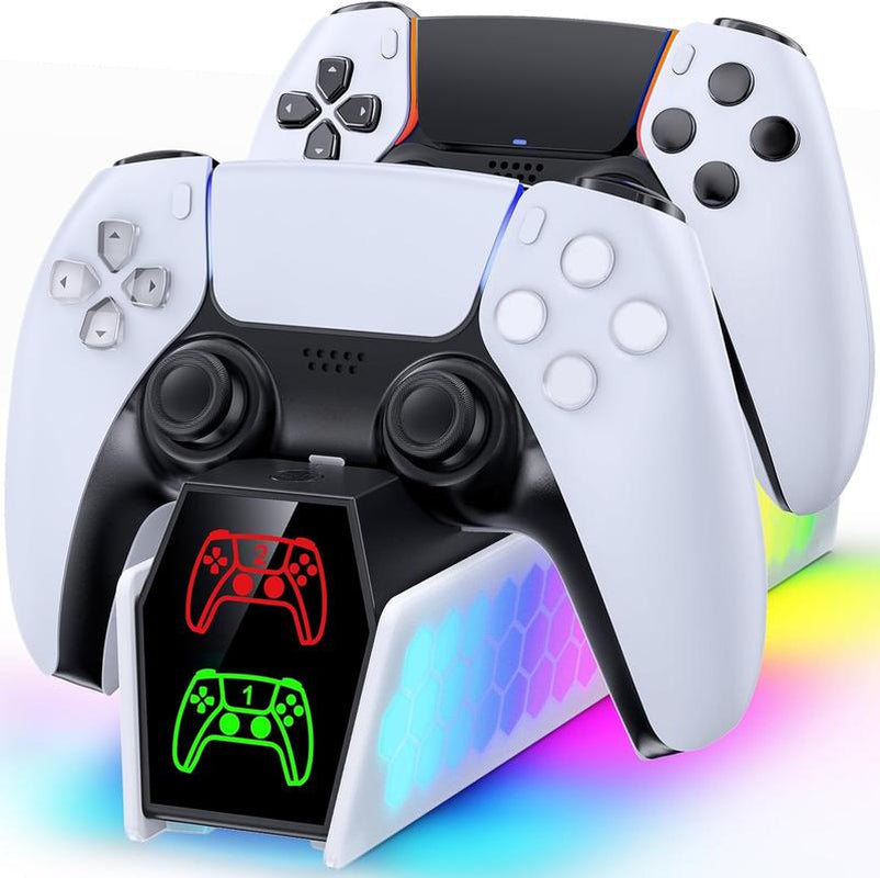 PS5 Controller Charger Station Compatible with Dualsense & Edge Controllers, PS5 Charging Station with RGB Light & LED Indicator